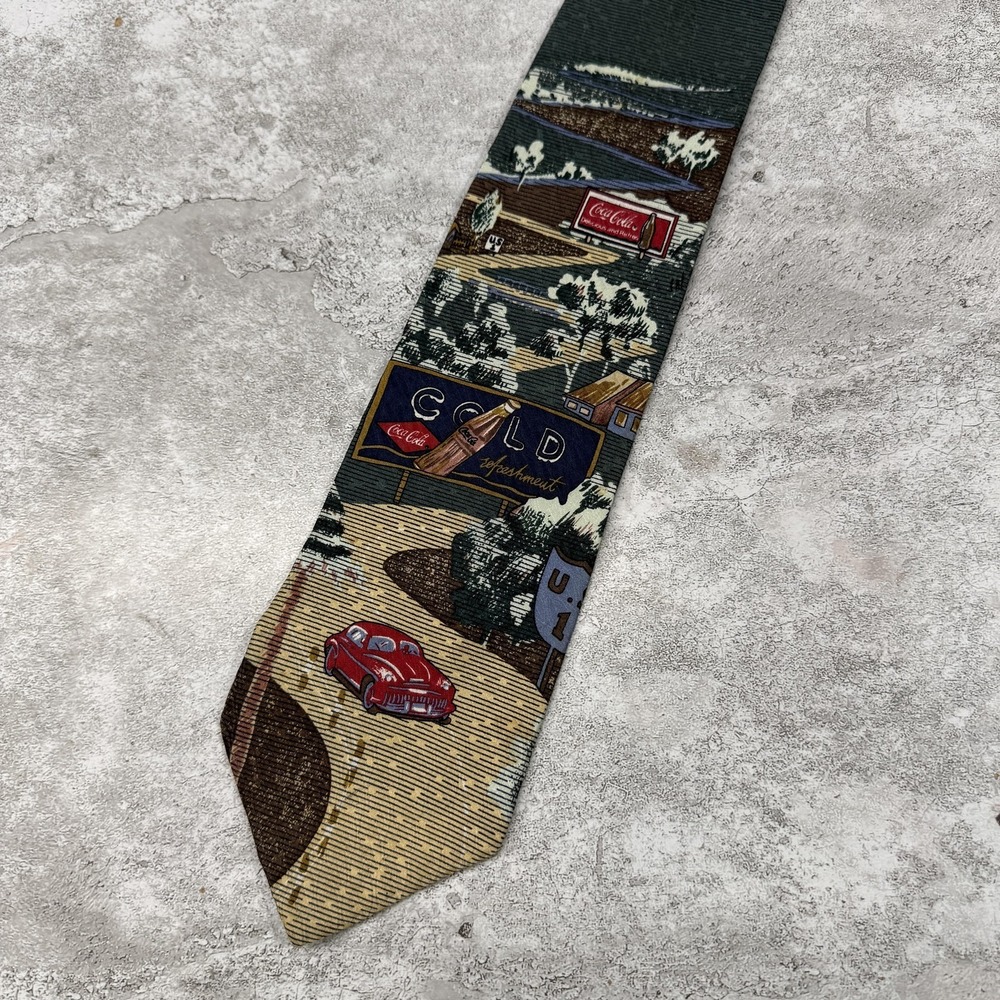 Vintage Coca-Cola Silk‎ Tie Mens OS Green Striped Pointed Made In USA Necktie